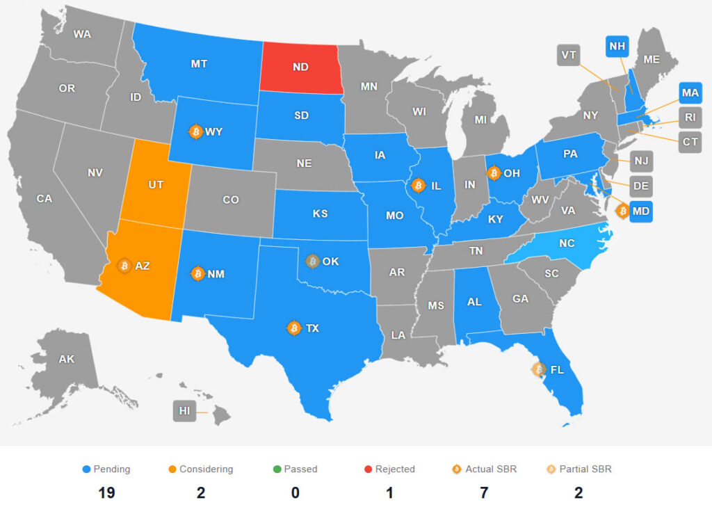 US SBR status by state. Source: Bitcoin Reserve Monitor