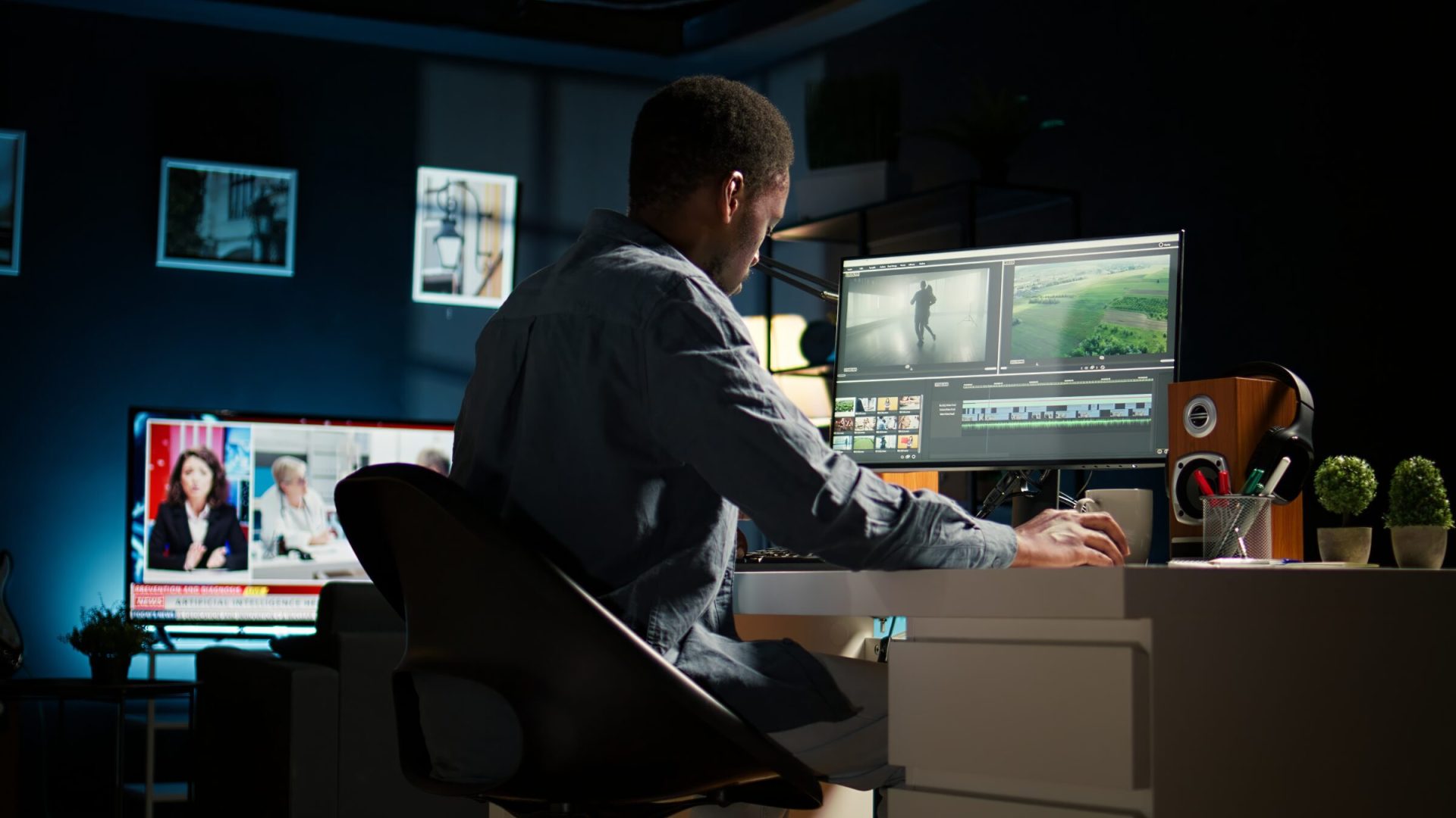 Male video editor working on creative software to create montage, using color correction and adding visual effects. Content creator editing graphics and gradient for movie post production. Camera A.